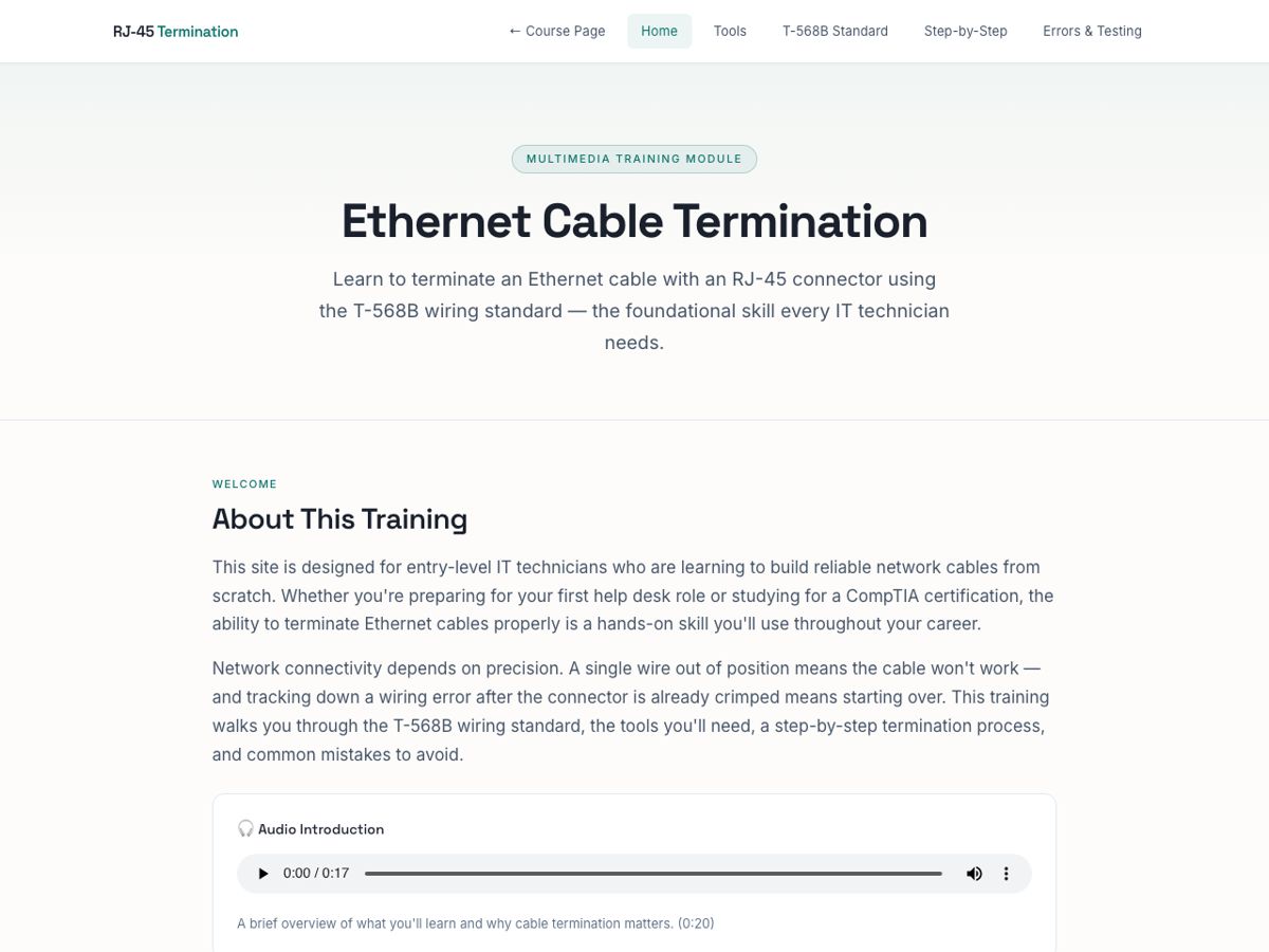 Home page of the RJ-45 cable termination training module
